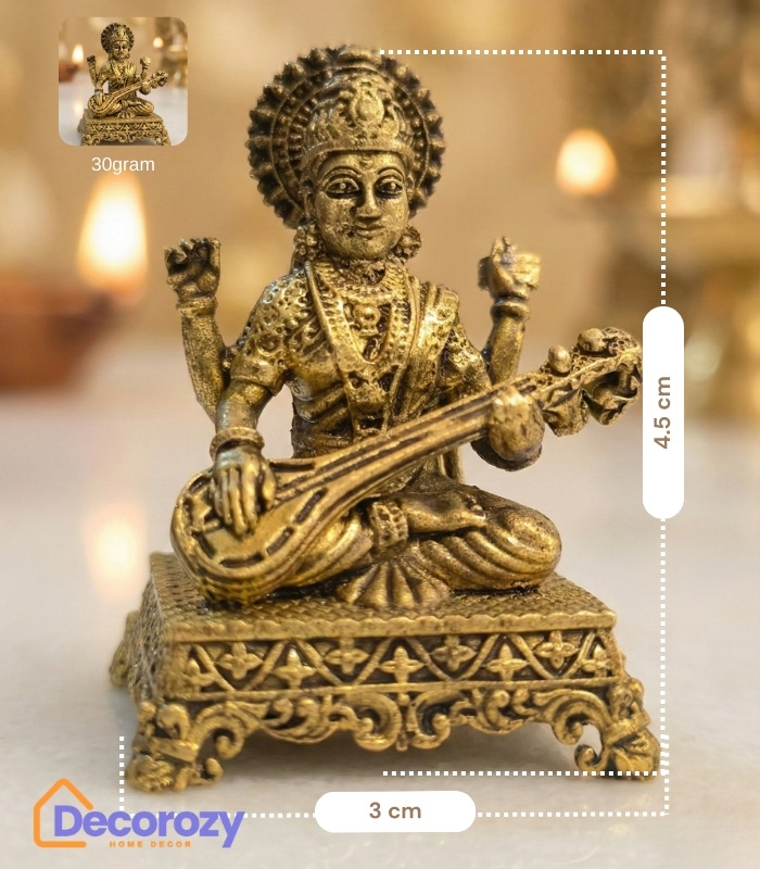 Brass Saraswati Devi Idol with Veena | Goddess of Knowledge Murti