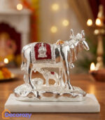 Kamdhenu Cow with Calf Idol – Silver Mina Plated