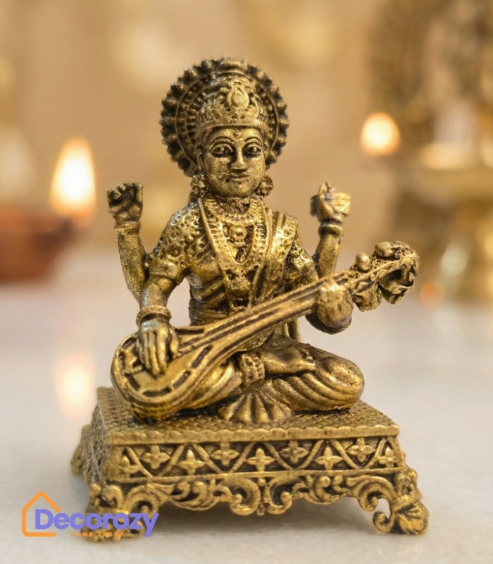 Brass Saraswati Devi Idol with Veena | Goddess of Knowledge Murti