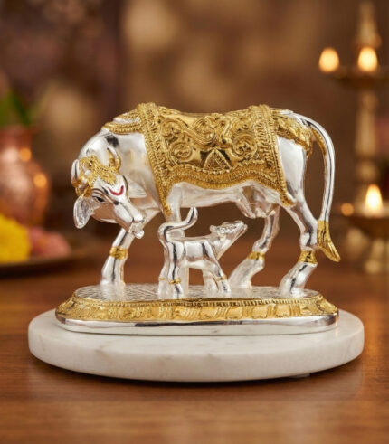 Kamdhenu Cow with Calf Idol – Gold & Silver Plated