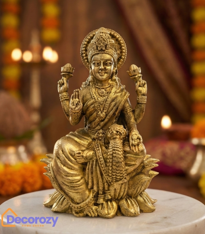 Brass 4 Armed Lakshmi Idol on Lotus | Goddess Lakshmi Murti