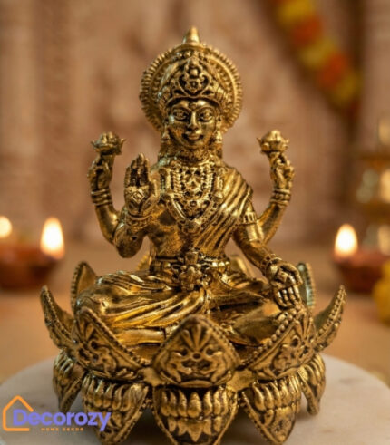 Brass Lakshmi Idol on Carved Lotus Base | Goddess Lakshmi Murti for Home Pooja