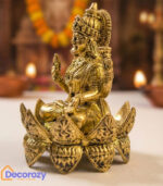 Brass Lakshmi Idol on Carved Lotus Base | Goddess Lakshmi Murti for Home Pooja