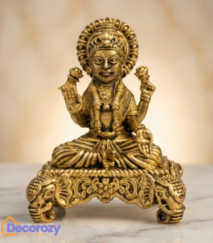 Brass Lakshmi Idol on Ornate Pedestal | Four Armed Goddess Lakshmi Murti
