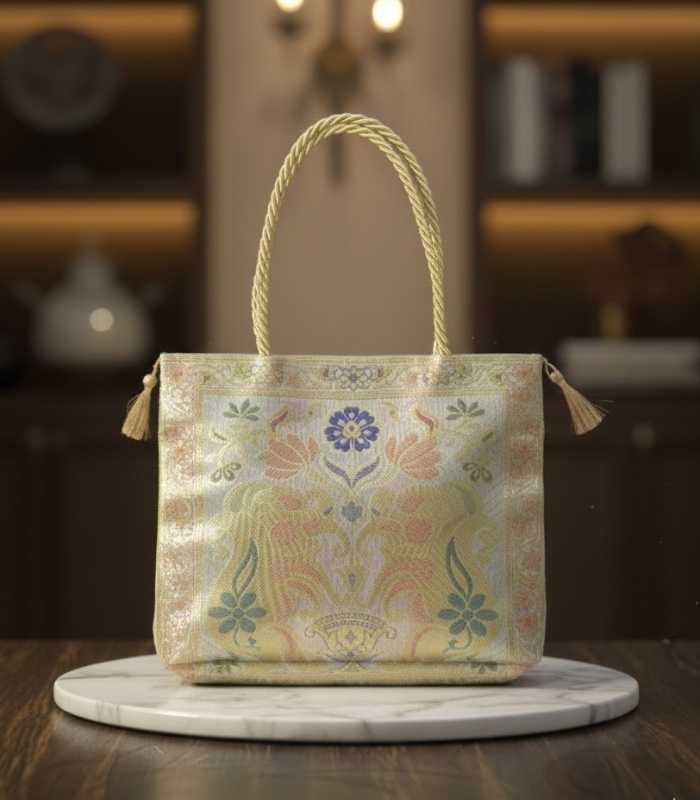 Banarasi Fabric Handbag for Women | Traditional Ethnic Tote with Braided Handles