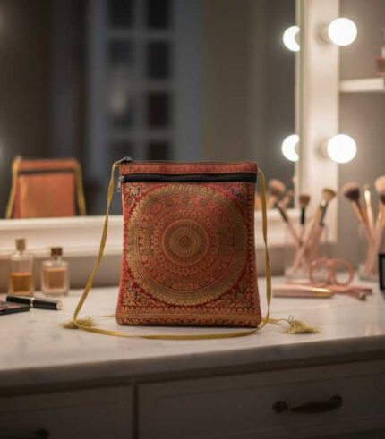 Rich red fabric with elegant embellished ethnic design