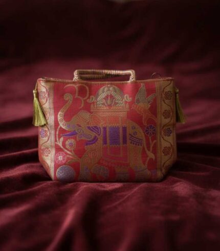 Wedding Red Banarasi Zari Brocade Handbag | Elephant Motif Ethnic Bag
