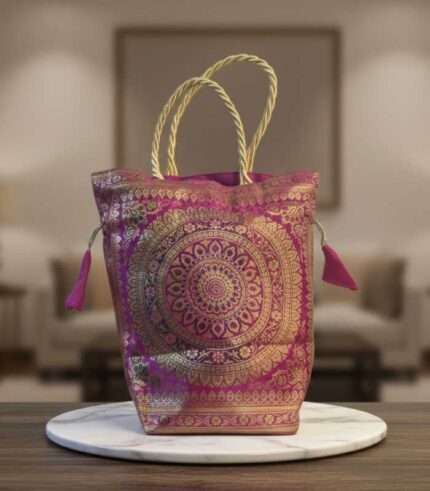 Rani Pink Banarasi Brocade Potli Bag with Zari Woven Design