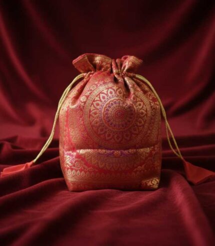 Red Banarasi Brocade Potli Bag with Zari Woven Design