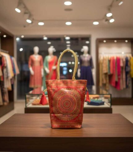 Red Banarasi Brocade Potli Bag with Zari Woven Design