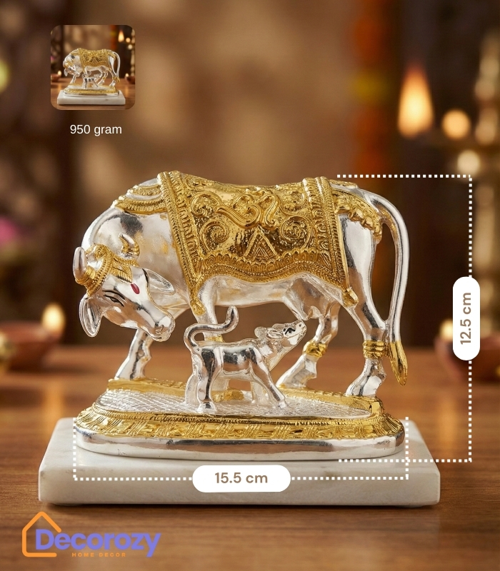 Kamdhenu Cow with Calf Idol – Pure Gold & Silver Plated