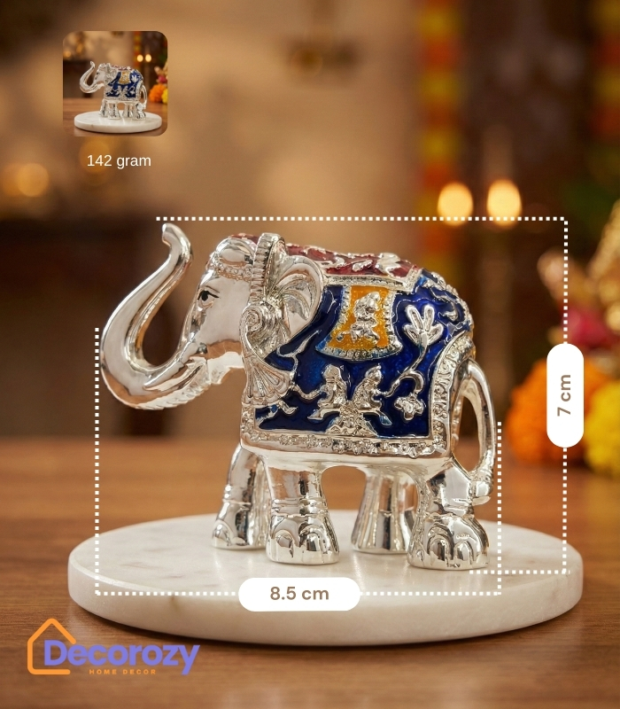 TrunkUp Elephant Silver Meena Plated Idol | Vastu Good Luck Elephant Decor