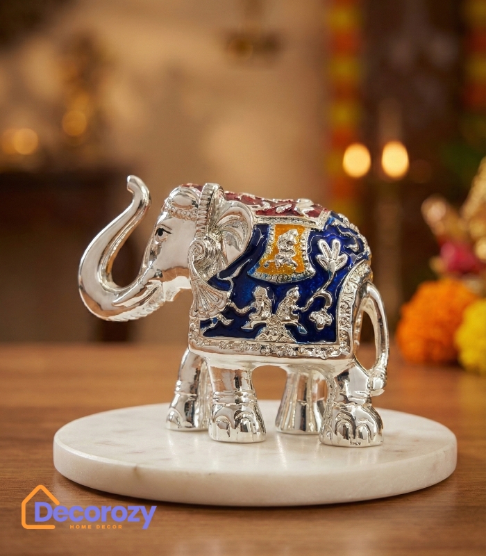 TrunkUp Elephant Silver Meena Plated Idol | Vastu Good Luck Elephant Decor