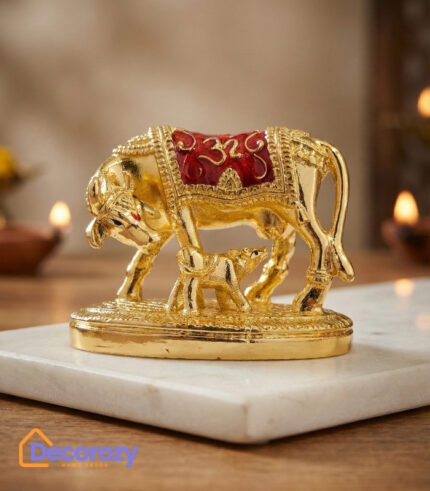 Kamdhenu Cow with Calf Idol – Pure Gold Mina Plated