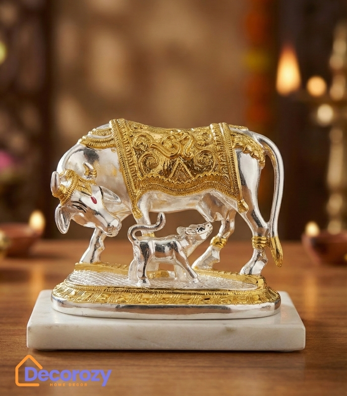 Kamdhenu Cow with Calf Idol – Pure Gold & Silver Plated