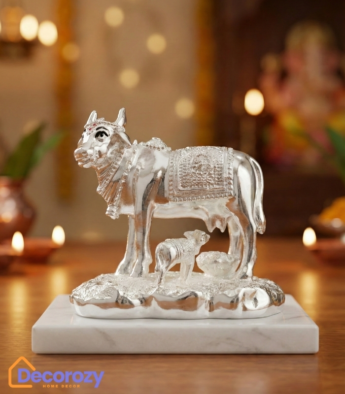 Kamdhenu Cow with Calf Idol – Silver Plated