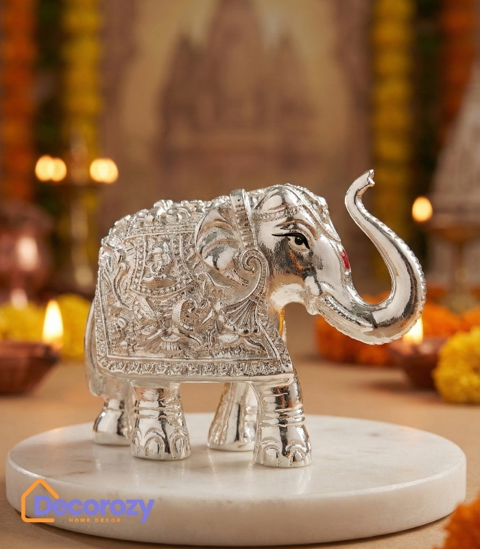 Trunk-Up Elephant Silver Plated Idol | Good Luck & Prosperity Decor