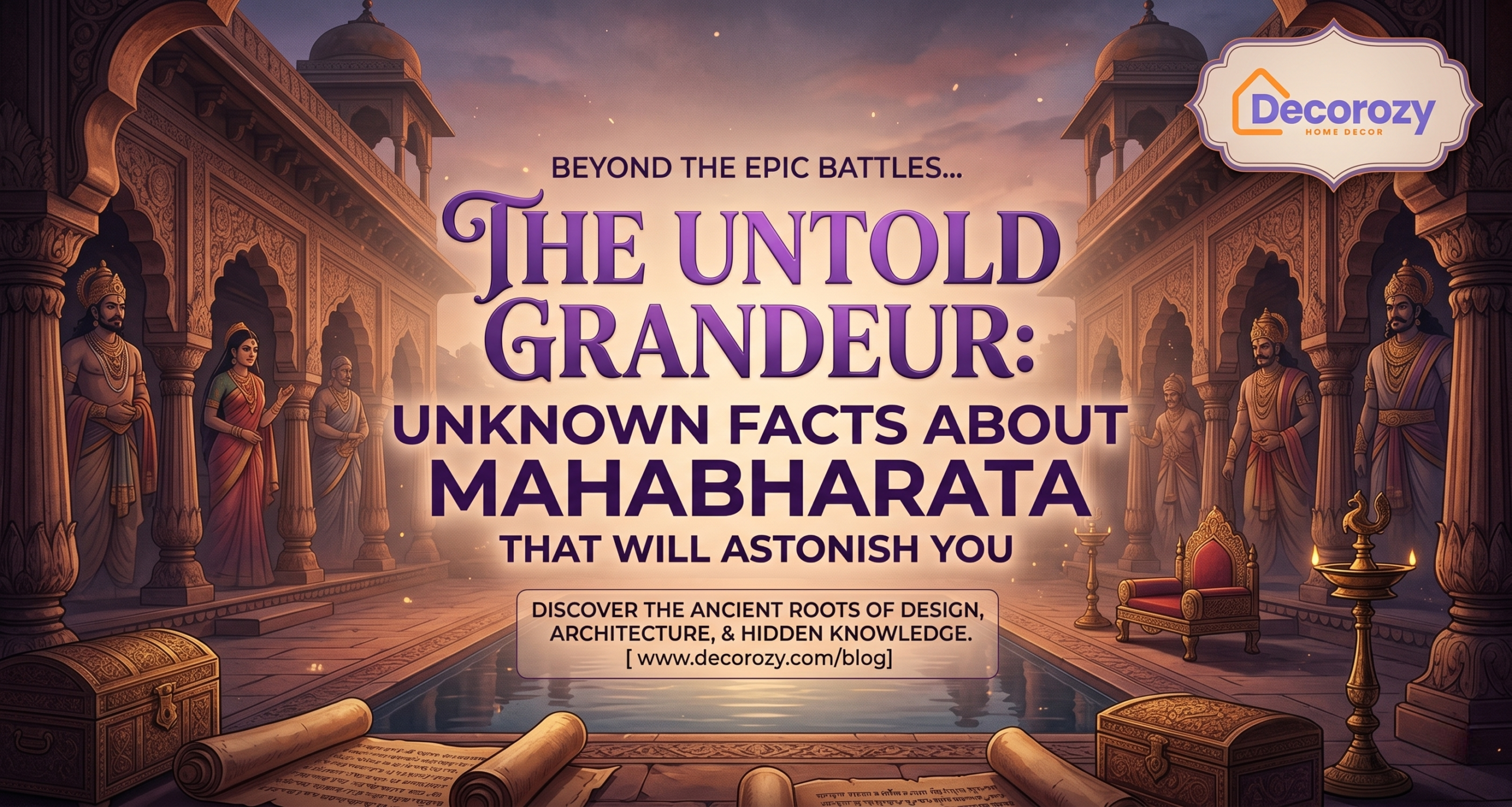 create a poster jo apne website per blog likne k ley post krna hai creativity k sath and usaka dimenstion 1280px by 698px and logo mention kr do logo hum de rhy hai The Untold Grandeur: Unknown Facts About Mahabharata That Will Astonish You
