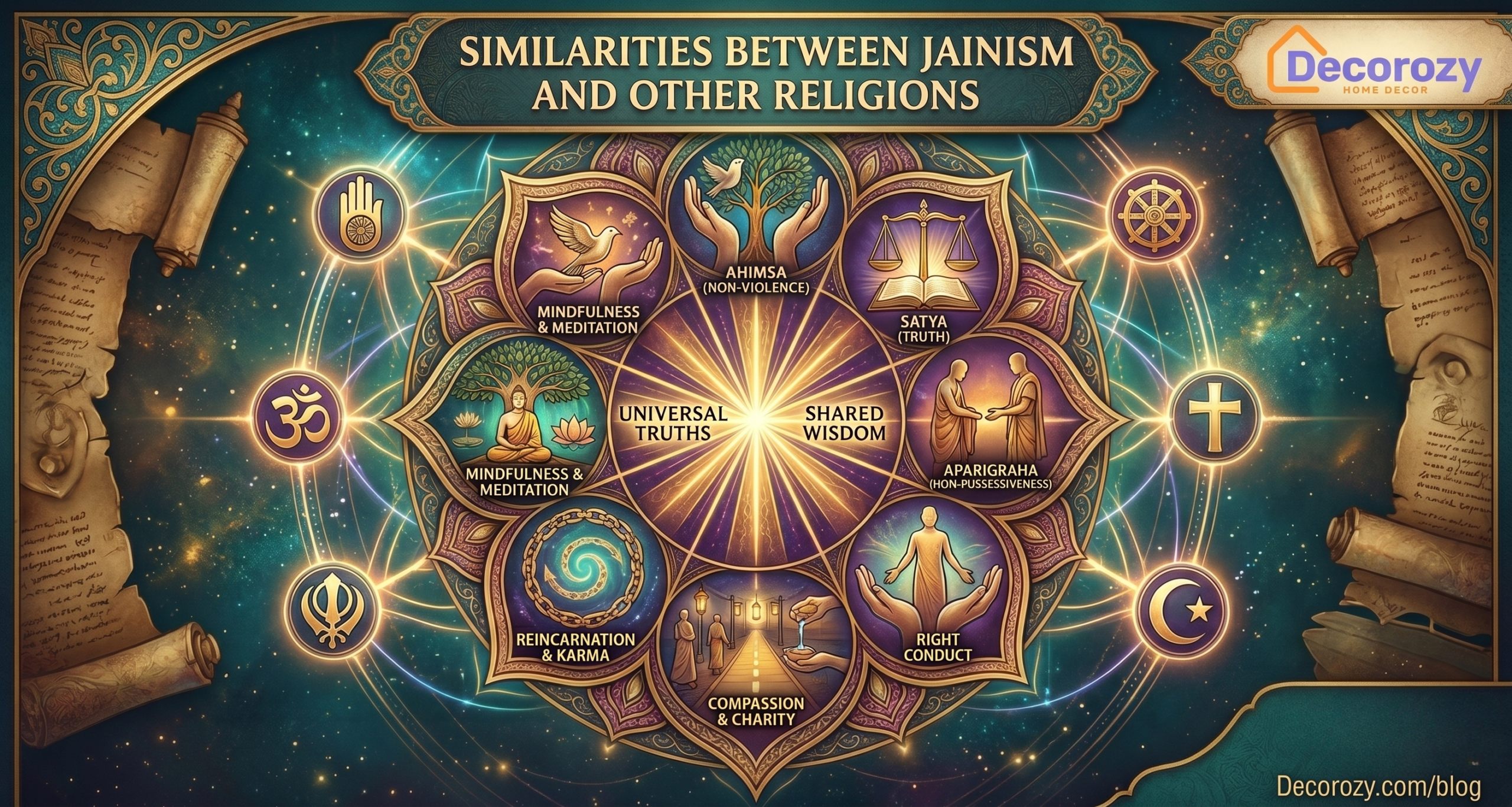 create a poster jo apne website per blog likne k ley post krna hai   creativity  k sath and usaka dime nstion 1280px by 698px and logo mention kr do logo hum de rhy hai  Similarities Between Jainism and Other Religions