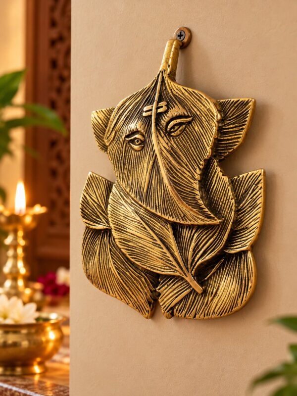 Brass Leaf Ganapati Wall Hanging with engraved leaf-inspired design