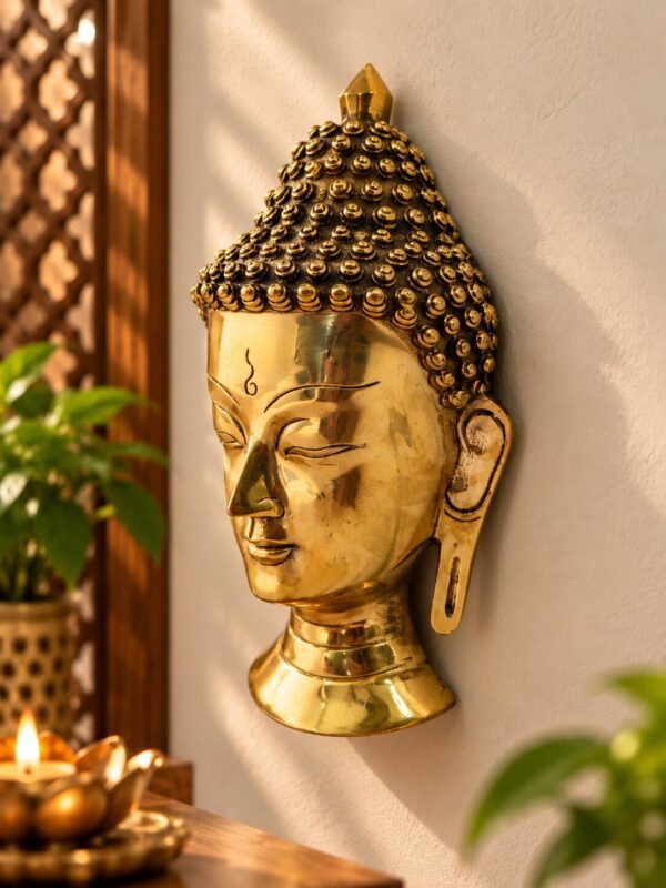 Traditional golden brass Buddha wall hanging for living room
