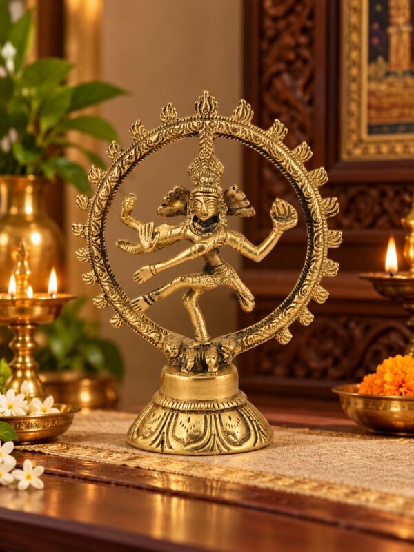 Brass Nataraja dancing Shiva statue with circular ornamental ring