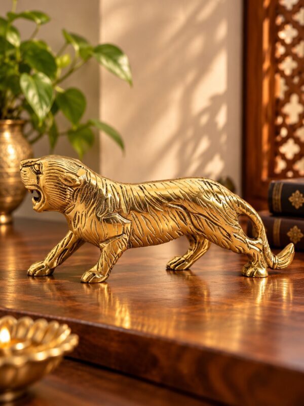 Rear view of brass tiger statue with curved tail