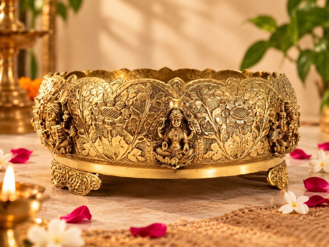 Pure Brass Embossed Lakshmi Urli with Lotus Design – 24 cm
