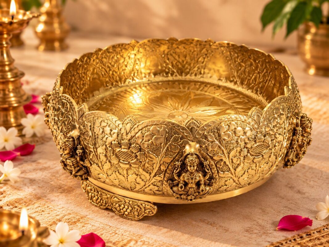 Pure Brass Embossed Lakshmi Urli with Lotus Design – 24 cm